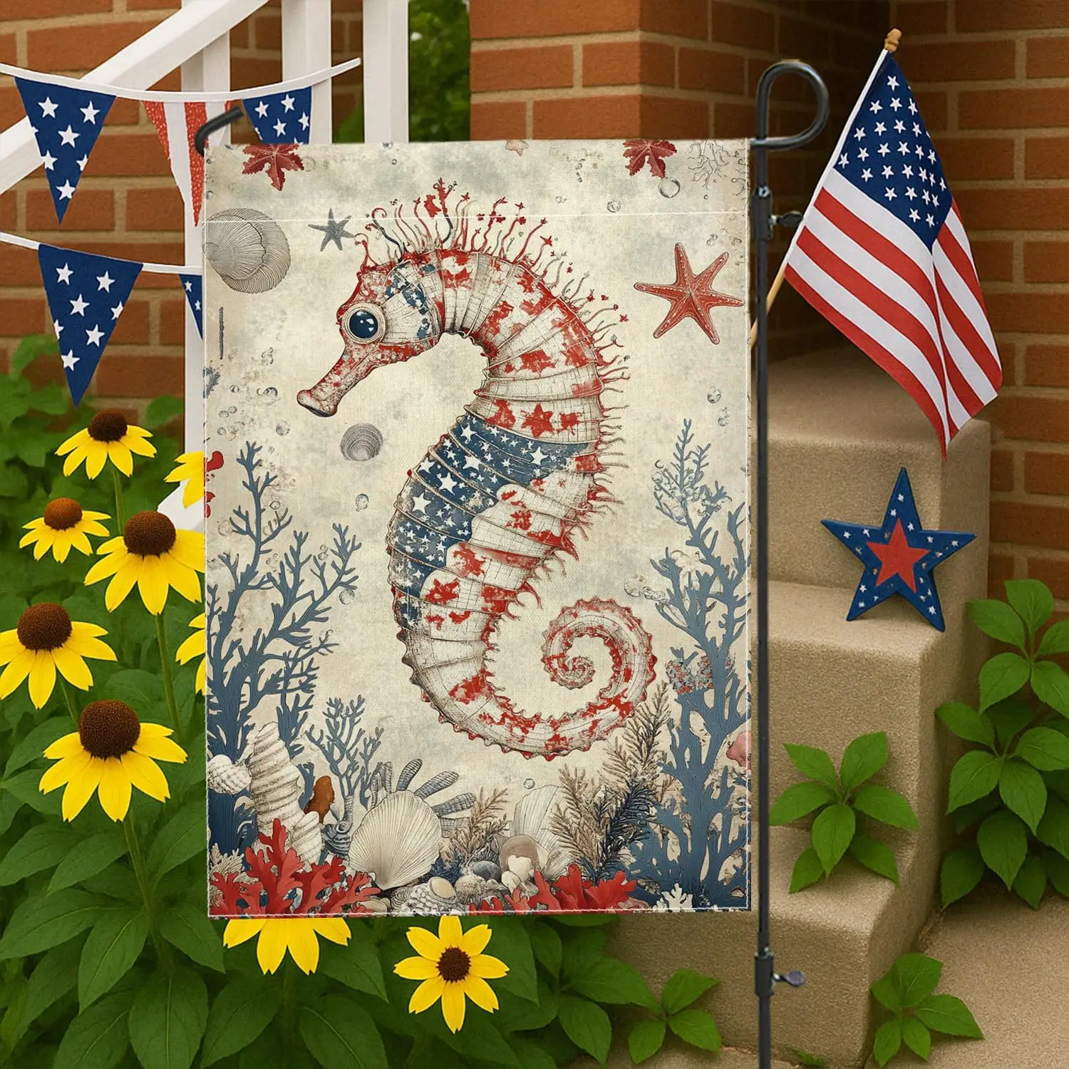 Red White Blue Seahorses Garden Flag, Nautical Sea Creature Home Decor Banner, Double Sided Burlap Yard Flag Summer Outdoor  PPZ