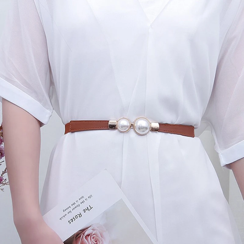 

Creative Pearl Buckle Belt PU Leather Dress Skirt Waist Elastic Thin Women Belts Ladies Waistband