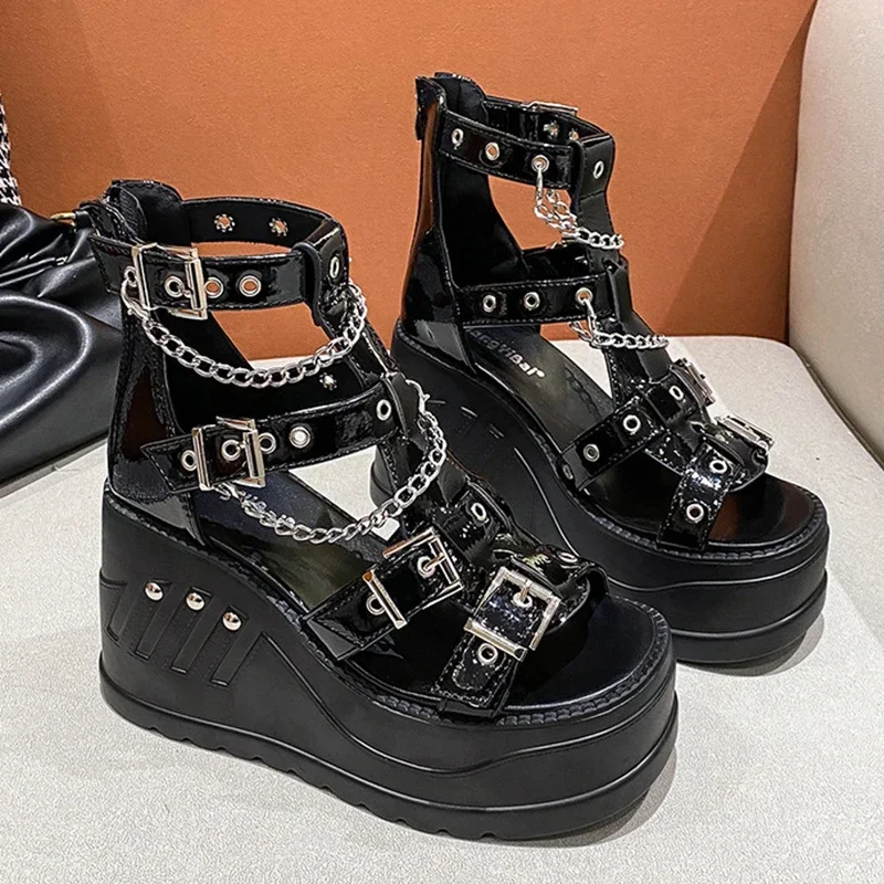 Women Wedges Sandalias High Heel Gothic Punk Comfy Walking Back Zip Chains Platform Ladies Shoes Sandalias De Mujer Verano 2024