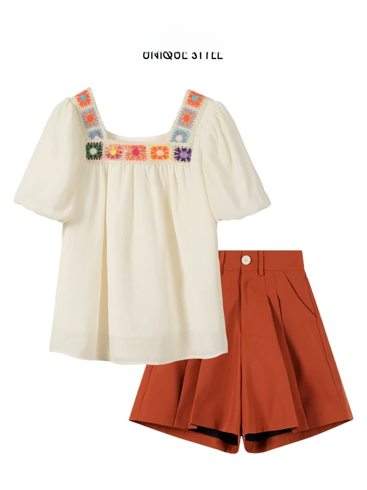 

Chic Design Square Collar plus Size Loose Slimming Doll irt Top with Wide Leg Double Pleat Workwear Pants Faion Set