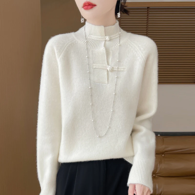 Autumn Winter 100% Pure Woolen Sweater Women\'s Vintage Half High Neck Loose Thickened Plate Button Pullover Versatile Foreigner