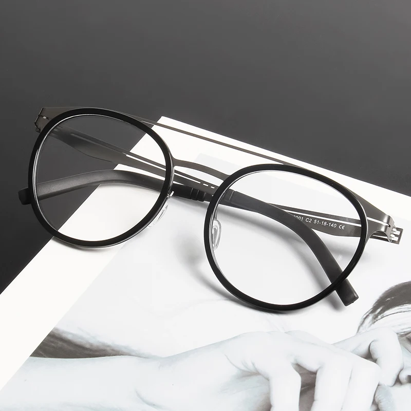 

Pilot Double Bridge Glasses Round Ultra-light ALL Stainless Steel Eyeglass for Men Women Acetate Frame Retro Fashion Eyewear