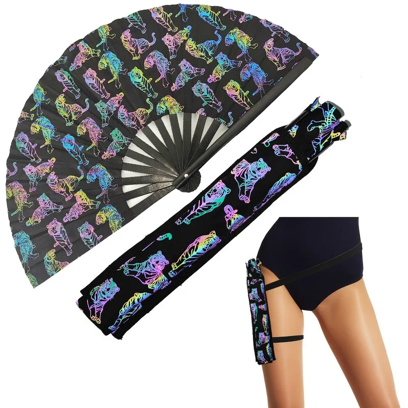 Iridescent Tiger Pattern Foldable Hand Fan with Holster - Portable Decorative Accessory for Rave Party Festival Costume