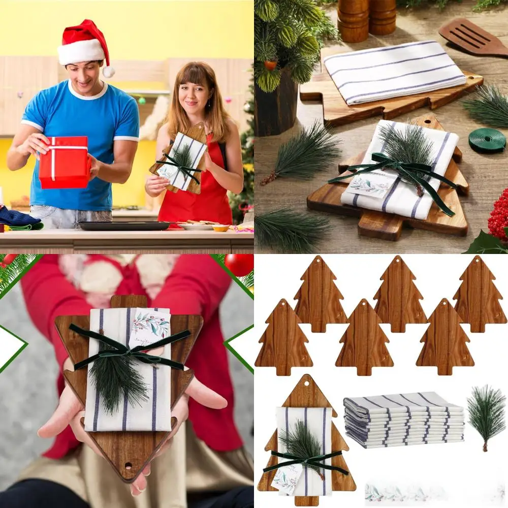 

Подарочный набор на тему рождественской елки из 6 предметов: разделочные доски из акации, чайные полотенца, открытки и сосновые украшения