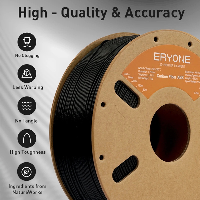 Eryone 1/5/10 كجم ABS خيوط ألياف الكربون طباعة ثلاثية الأبعاد، أسود، خيوط abs-cf كبيرة البيع، 1.75 مم، 1 كجم/بكرة