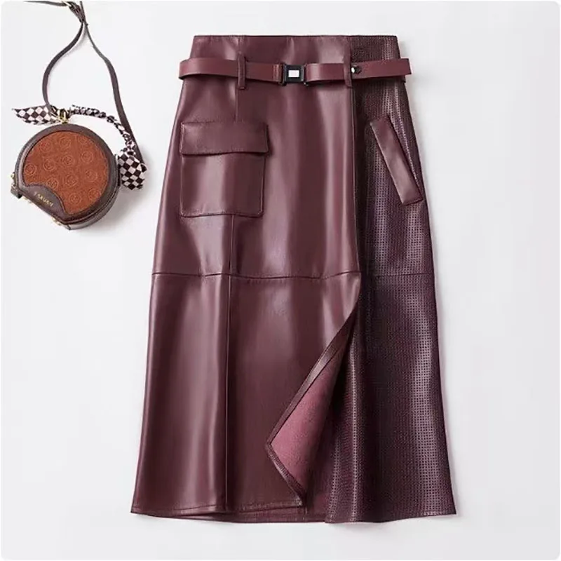 

2026New PU Leather Pencil Skirt Long Skirt Women's Leather Skirts Autumn High Waist Bag Hip Skirt Bifurcation Belt Pockets Trend