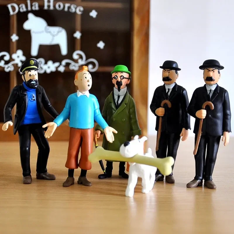 The Adventures of Tintin Figure Set 6pcs Captain Haddock Calculus Thomson Snowy Cute Kawaii PVC Model Topper Desk Ornament Gift