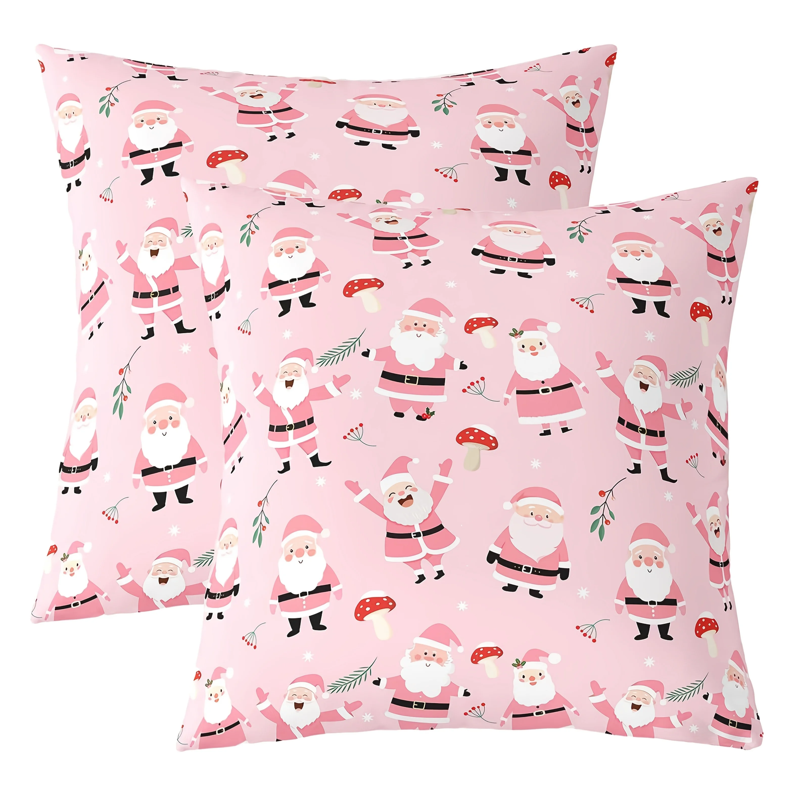 2pcs Pink Merry Christmas Square Pillow Covers Festive Santa Claus Holiday Motifs Soft Polyester Zipper Closure