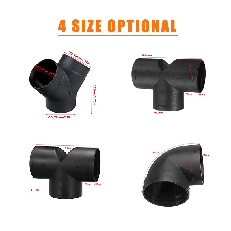 60mm/75mm Air Vent Ducting T Y L Piece Elbow Pipe Outlet Heater Duct Exhaust Connector joiner For Webasto Diesel Parking Heater