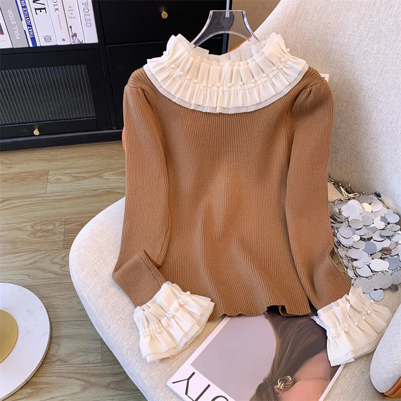 Pearl Beaded Ruffled Collar Slim Fit Sweater Knitwear Women Stylish Elegant Chic Ladies Tops 2024 Autumn Long Sleeve Jumpers