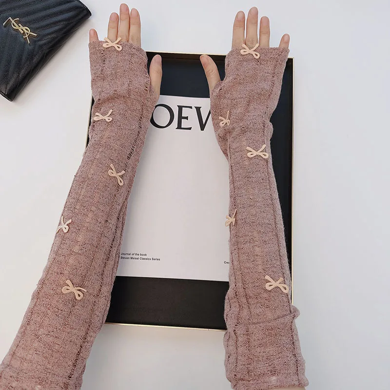 Sweet bow sun protection ice sleeves for women ballet style knitted leaky new sleeves