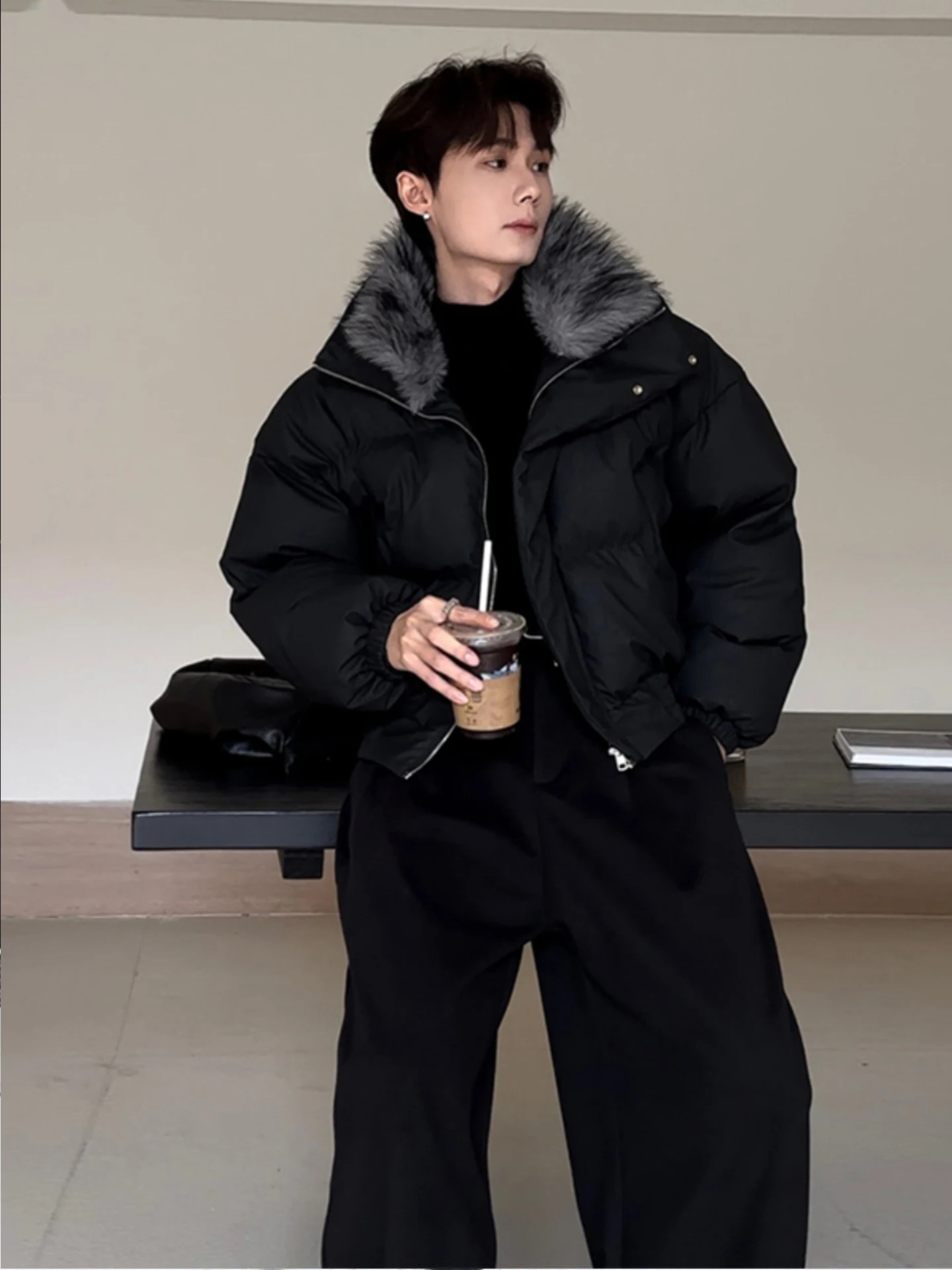 Men's Faux Fur Collar PU Leather Down Cotton Jackets Men's 2025 Winter New Thickened Parkas Masculinity Stand Collar Chic Coats