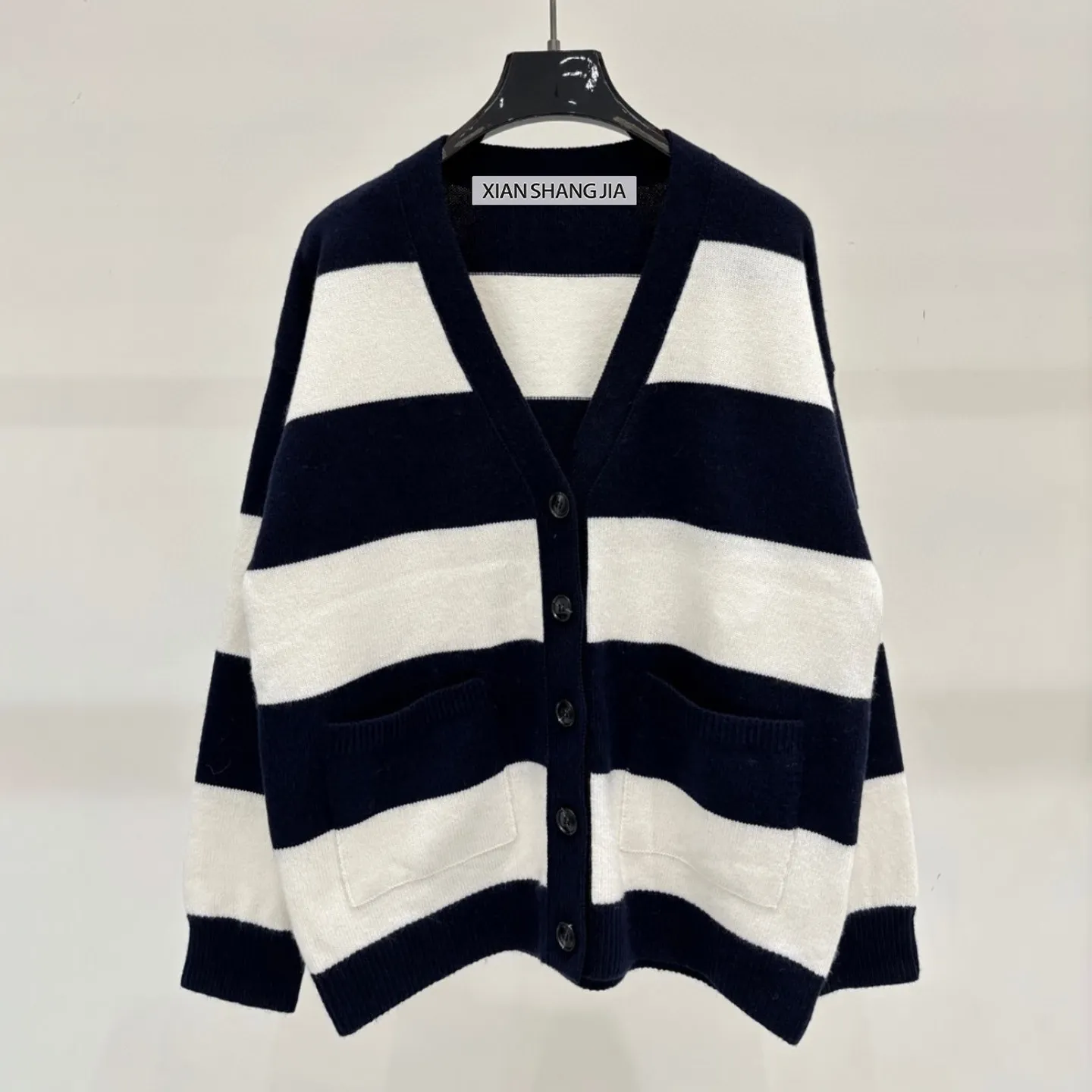 2026 Autumn Women's Colorblock Striped V Neck Knit Cardigan Double Pocket Loose Casual Oversized Sweater Jacket