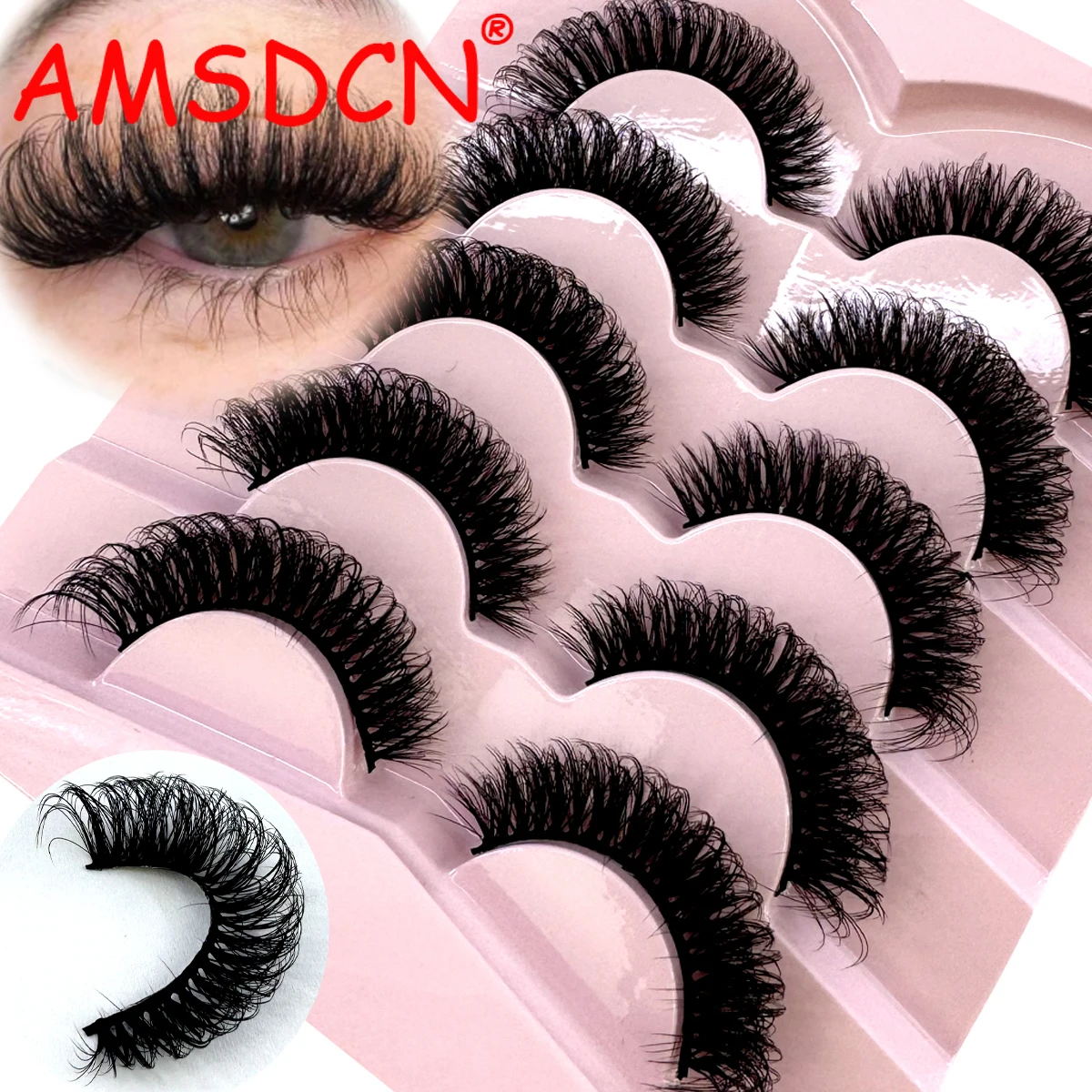 AMSDCN Cat Eye Eyelashes 3D Natural False Lashes D Curl Fluffy Soft Cross 5 Pairs Manga Lashes Wispy Natural Eyelash Extension M