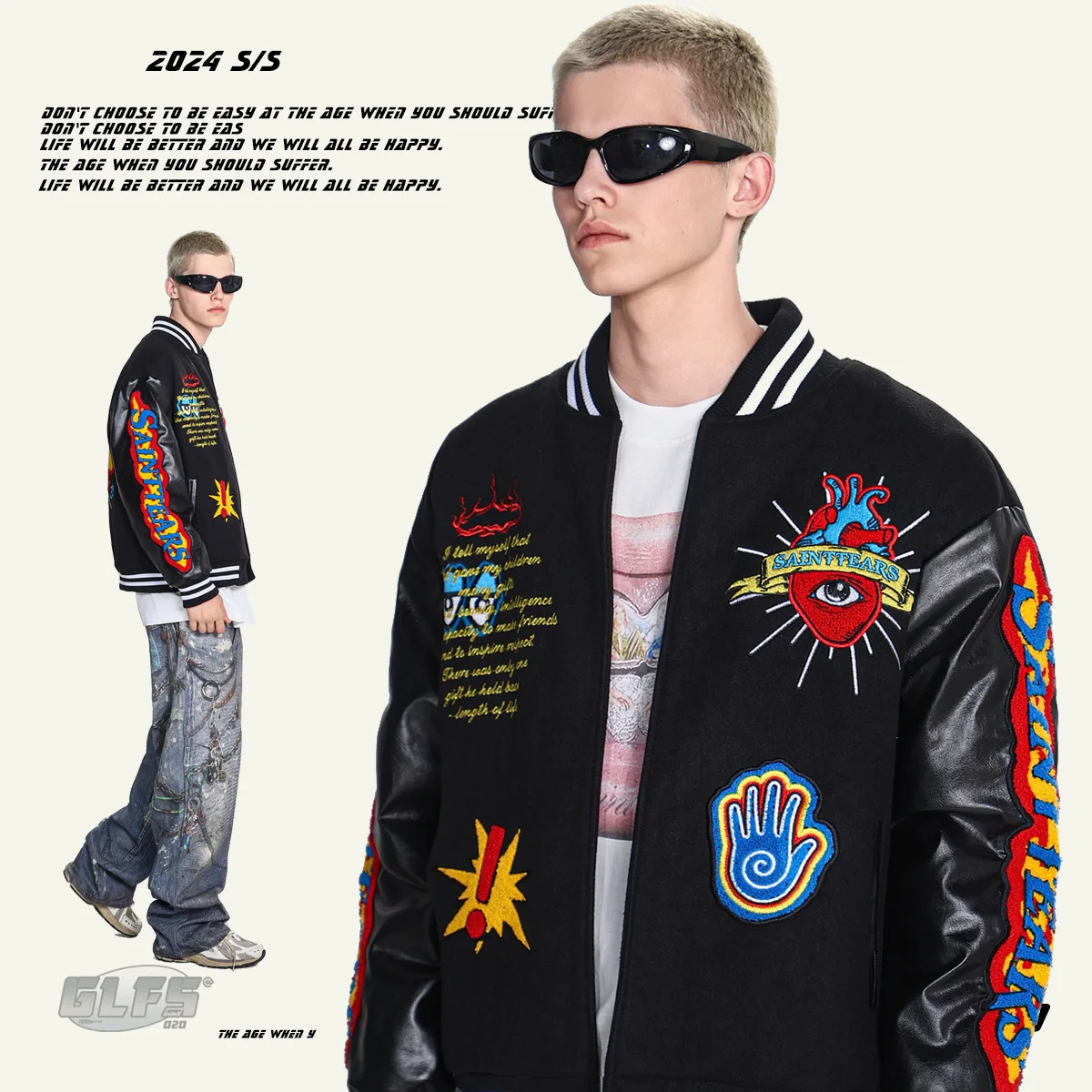 2024 New Autumn and Winter Flame Cross Embroidered PU Sleeve Baseball Jacket, American Heavy Duty Loose Thick Jacket