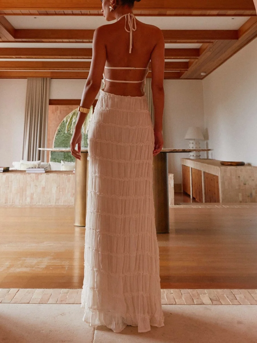 المرأة أنيقة عارية الذراعين فستان طويل الرسن التعادل الرقبة فستان ماكسي الصلبة فلوي شاطئ عطلة فستان الشمس الصيف الشارع الشهير #3