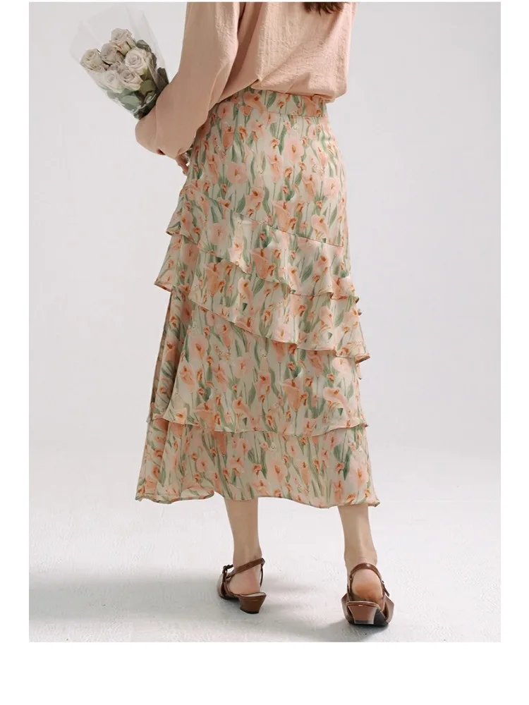 Elegant Ruffle Floral Skirt Shirt Women Autumn Long Sleeve Blouse Turn-Down Collar High Waist Boho Midi Skirt Two-Piece Outfit