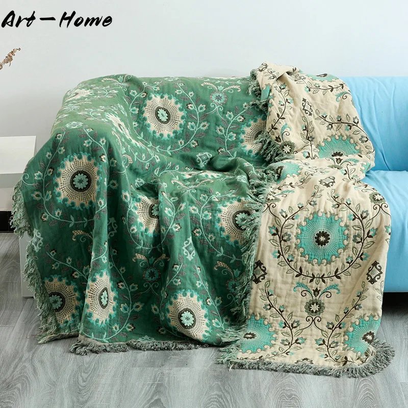 

Sofa Cover Blankets Bohemia Muslin Gauze Floral Tassel Throw Couple Double Bed Blankets Quilt Bedspreads on The Bed Home Bedding