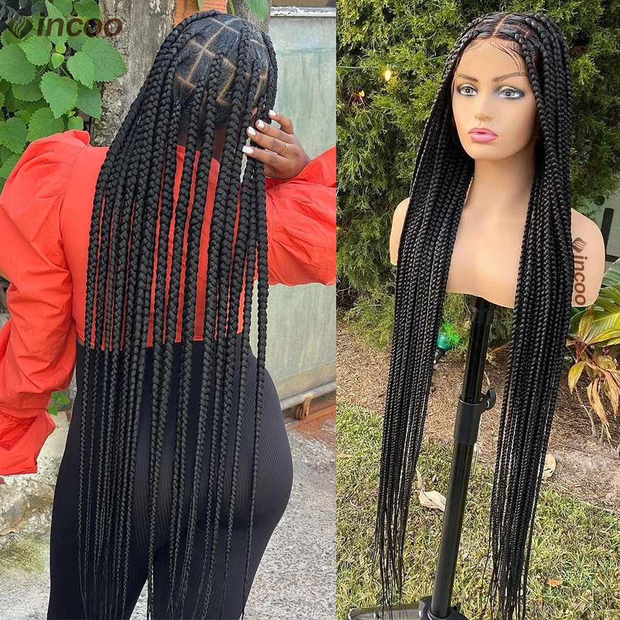 Large Square Box Braided Wigs Synthetic Full Lace Knotless Braids Wig For Black Women Long 36 Jumbo Tribal Cornrows Braided Wigs