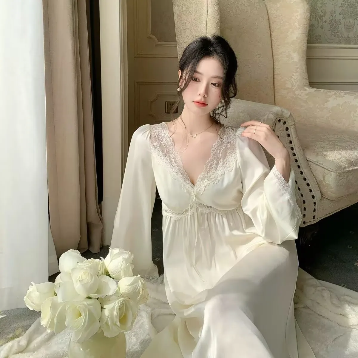 

Womens Ice silk Nightgowns Long Sleeved Home Dress