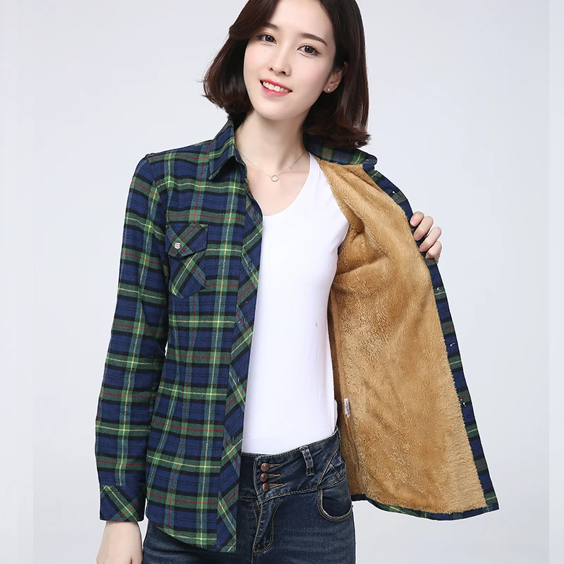 2023 Winter New Women\'s Fleece Warm Plaid Shirt Style Outerwear Coat Female Velvet Thicke Checked Jacket Tops Woman Clothes