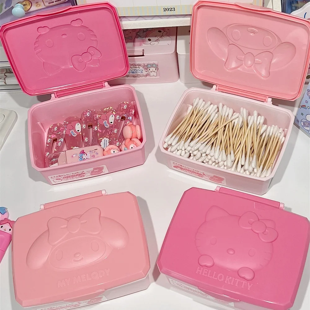 Genuine Hello Kitty Melody Dust-Proof Storage Box Kawaii Sanrio Makeup Sponge Cotton Swab Dental Floss Organizer Cartoon Gifts