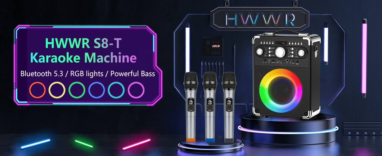 S8-T Karaoke-Maschine mit 3 kabellosen Mikrofonen für Erwachsene, Singing Machine unterstützt TWS/USB/TF-Karte/Gitarre/TV verbunden – Detail 3