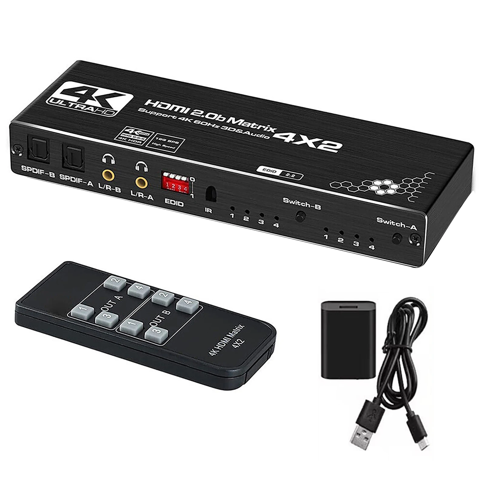 

Матричный коммутатор 4x2 HDMI, 4 в 2 выхода, с SPDIF L/R 3,5 мм HDR, HDMI-совместимый коммутатор 4K @ 60 Гц для PS4, ТВ-приставки, ПК