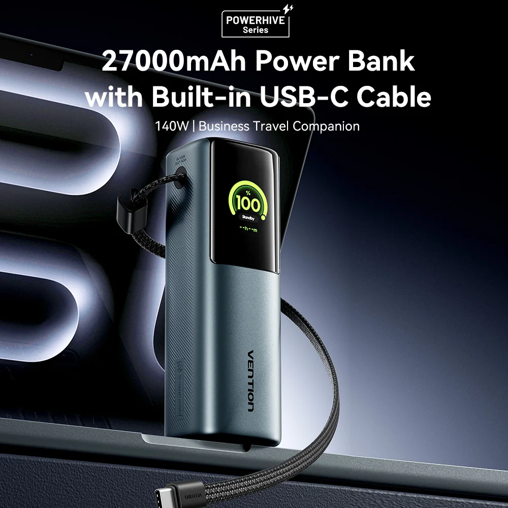 Vention Power Bank 27000mAh 200W PD شاحن سريع مع كابل USB-C مدمج بطارية احتياطية خارجية بنك طاقة محمول لأجهزة الكمبيوتر المحمول