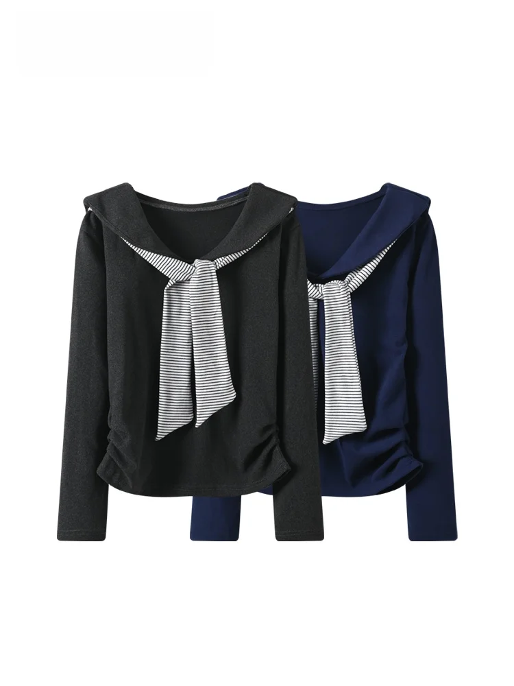 

Футболка больших размеров с темно-синим воротником и длинным светом, женская осенне-зимняя новинка, утягивающий топ для молодежи, топ для больших размеров...