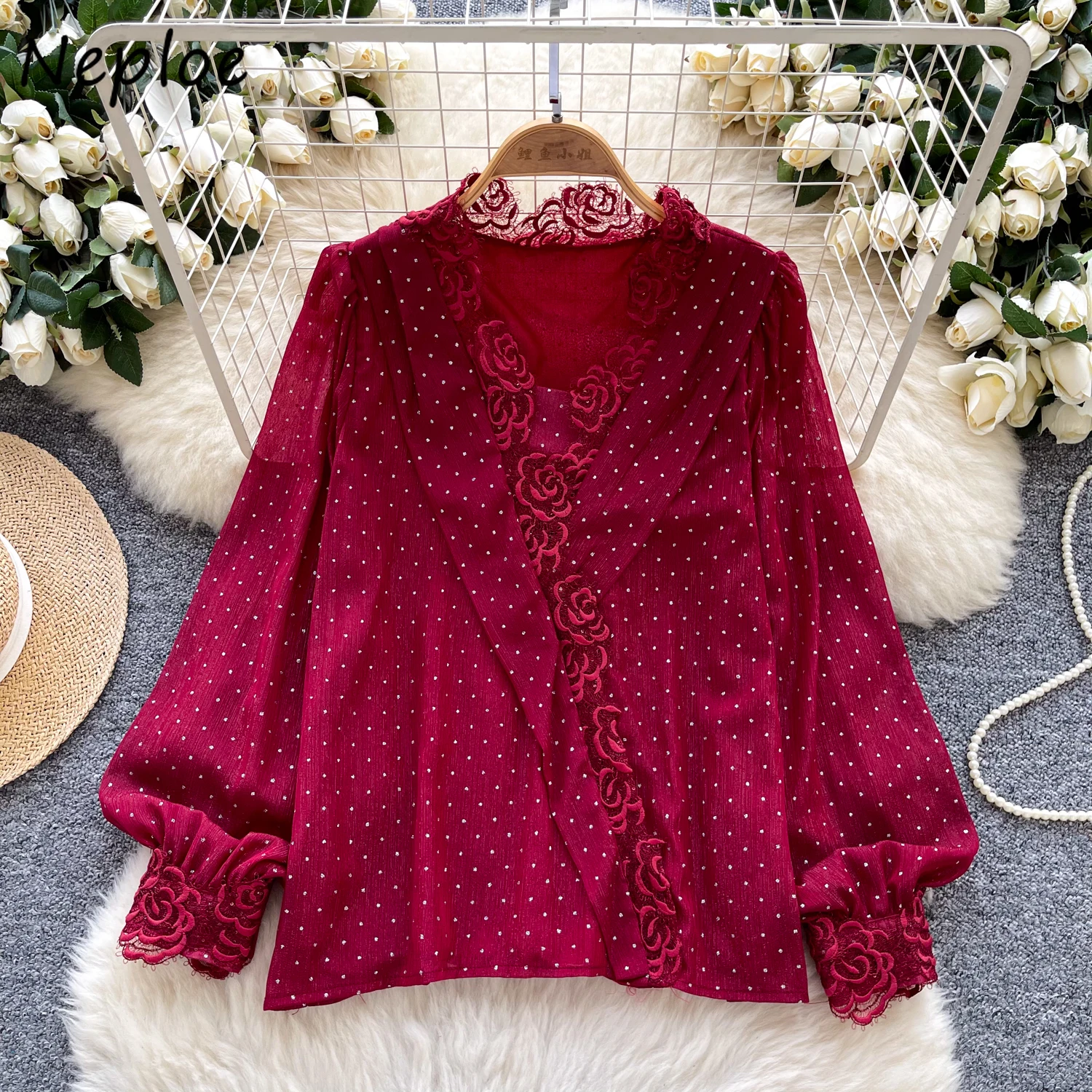 

Neploe Loose Commuter Korea French Style Shirt Light Luxury Celebrity Lace Patchwork Blouses Dot Chiffon All-match Fresh Blusas