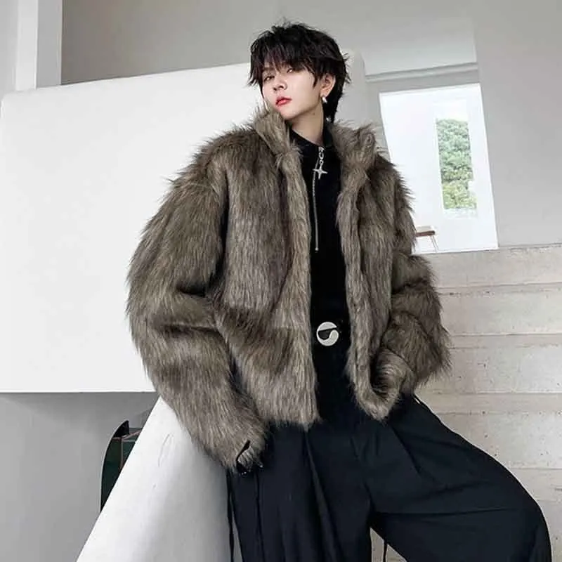 SYUHGFA 2024 Winter Men\'s Dark Faux Fur Cotton Coat Fashion Korean Style Loose Woolen Cardigan Jackets Trend Male Autumn New