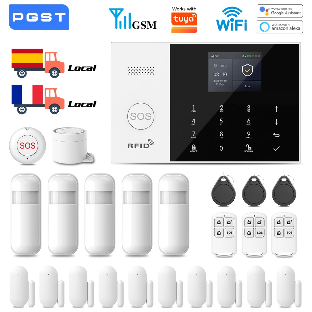 GSM Alarmanlage kompatibel mit Tuya WiFi, Hausalarmanlage 2G 433MHz, Bewegungs- und Türsensor, funktioniert mit Alexa und Google