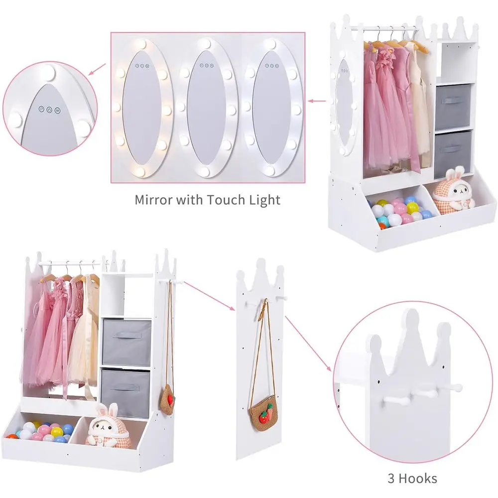 Armário de armazenamento para vestir-organizador de fantasias infantis com espelho iluminado, rack de roupas, prateleiras abertas, caixas de armazenamento e 3 ganchos, branco