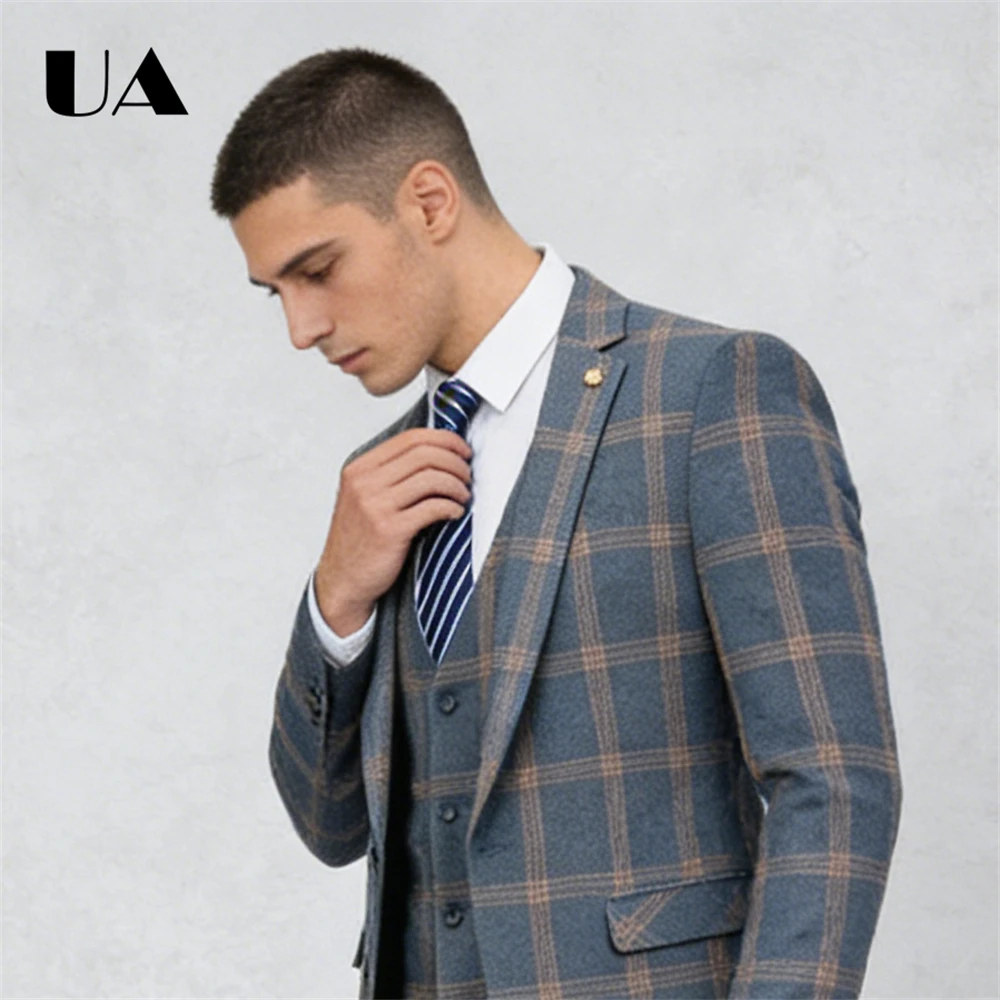 

Popular Plaid Suit for Men, 3-Piece Slim Fitting Formal Suit Set, Jacket Vest Pants Tuxedo Top Quality Suits