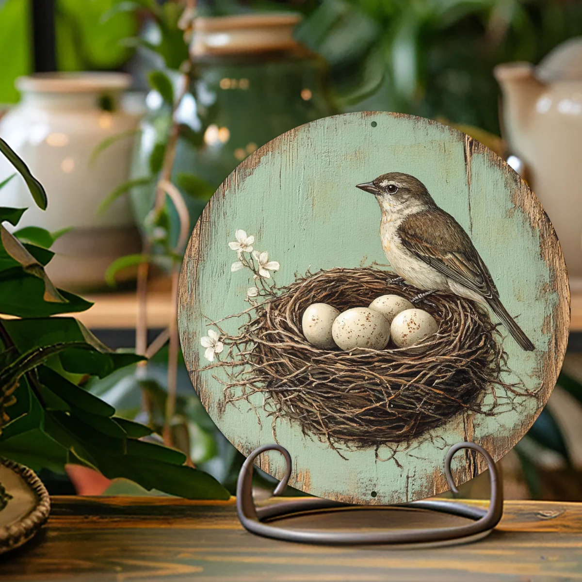 2D FLAT Wooden Round Sign, Vintage Bird & Nest Egg Wall Art, Rustic Decor for Garden Living Room Halloween Christmas Gift, Bird