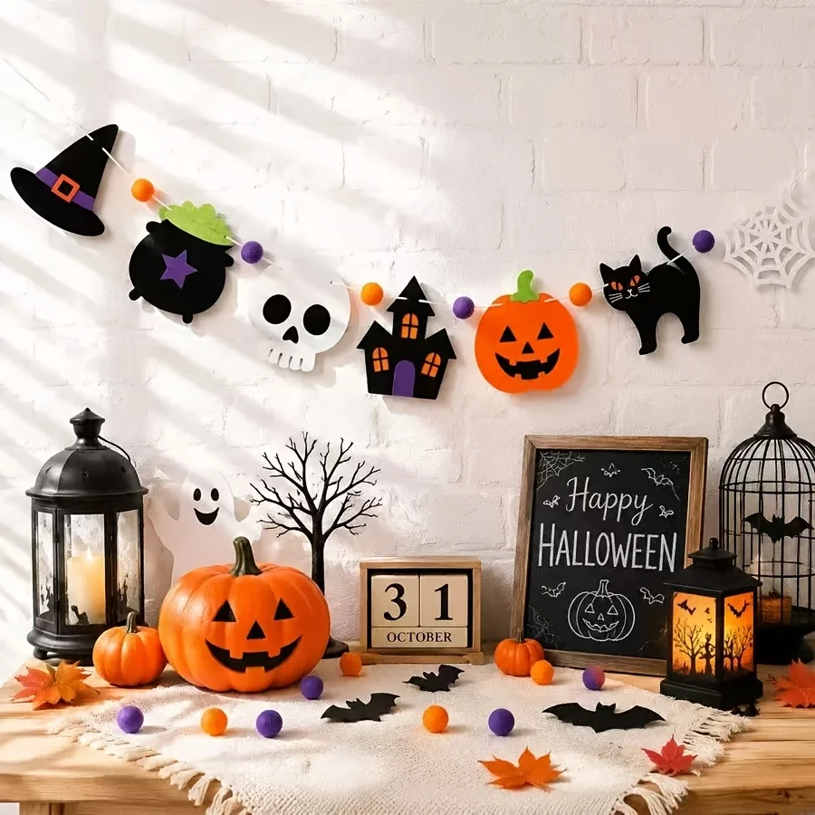 2/1 Set of Felt Halloween Wreaths and Banners, Includes Fluffy Balls, Scary Pumpkins, Ghosts, Black Cats, Haunted House Decorations, Skeletons, Witch Hats, Spider Web Decorations. Reusable Felt Halloween Wall Hangings, Suitable for Halloween Parties, Indoor Home Decoration, Halloween Gifts