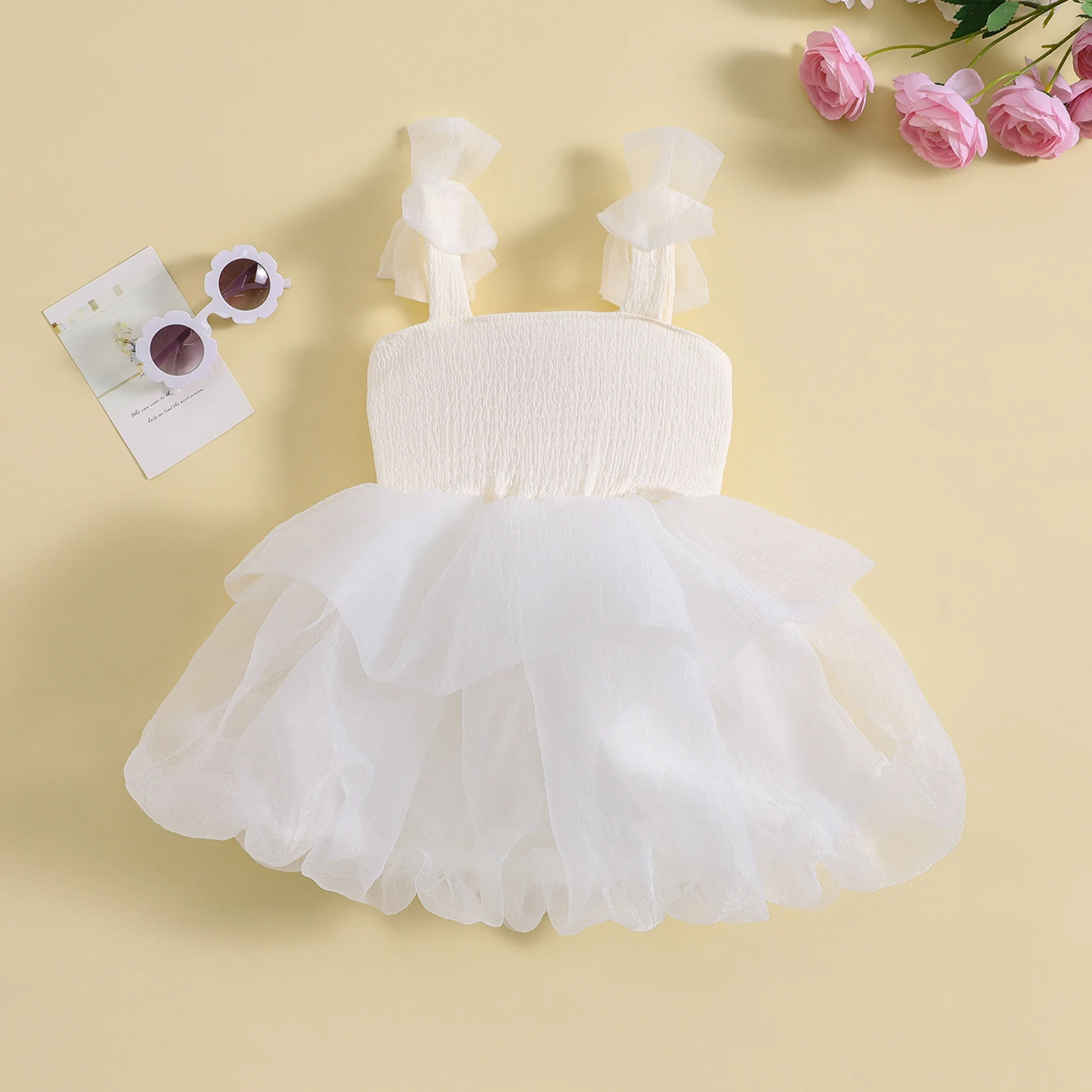 Kids Baby Girls Ball Gown Dress Sleeveless Bow Straps Layered Tulle A-line Dress Summer Girl Patchwork Birthday Party Dress