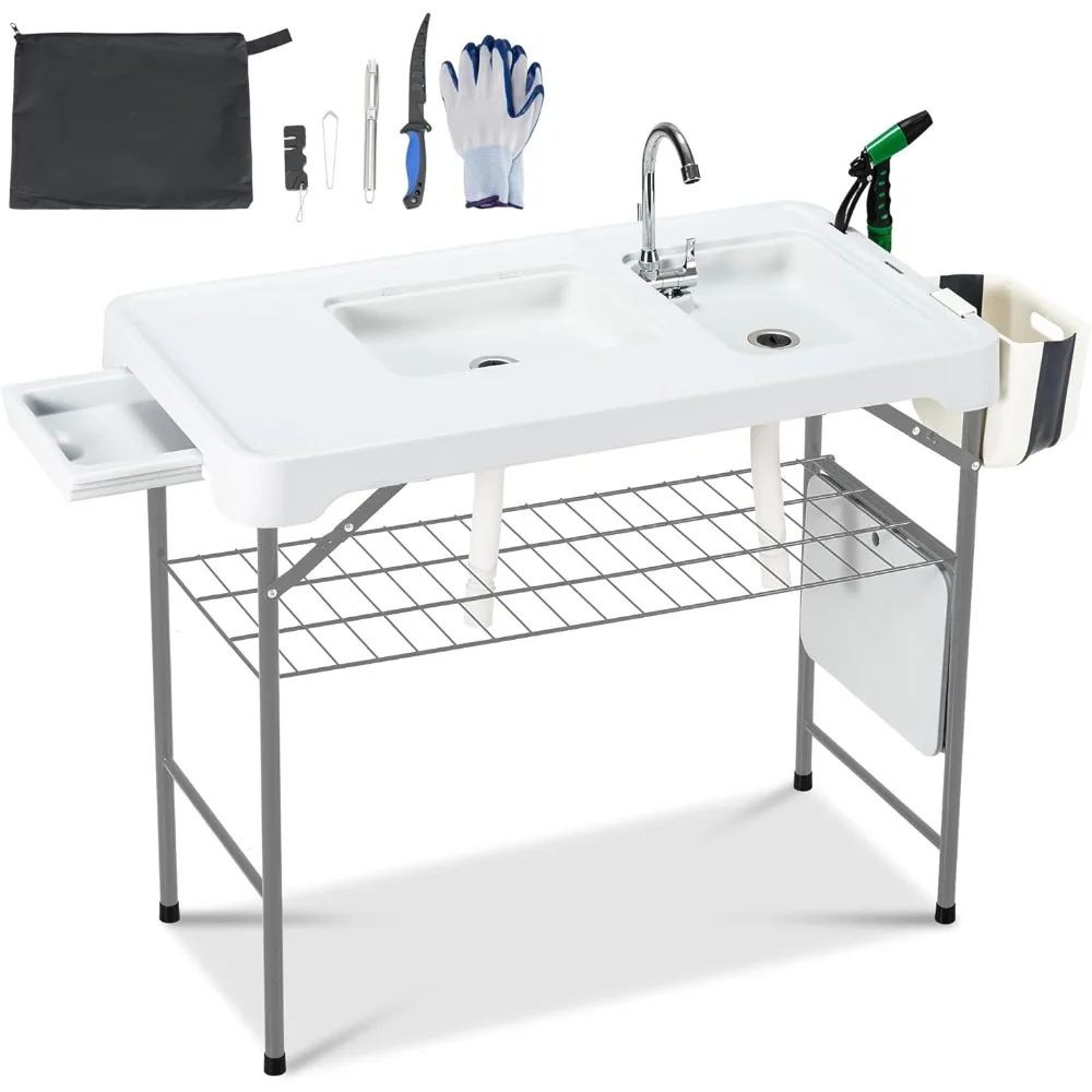 42'' Outdoor Fish Cleaning Table Portable Camping Sink Station with Double Sinks, Collapsible Swivel Faucet, Picnic Sink Table