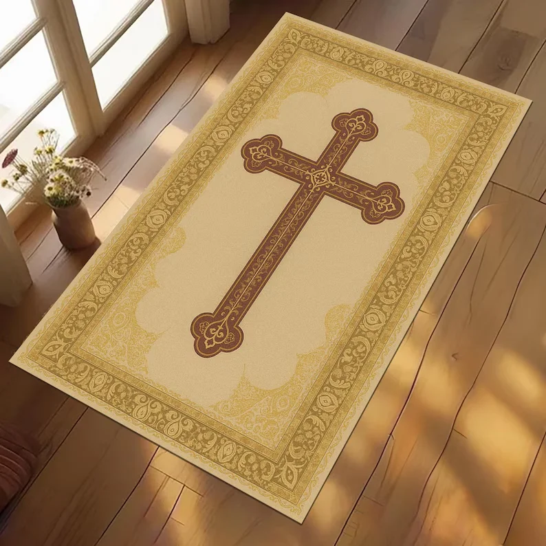 Gothic Red Gold Ornate Cross Prayer Rug, Baroque Christian Home Decor, Non-Slip Religious Mat for Catholic & Orthodox Prayer