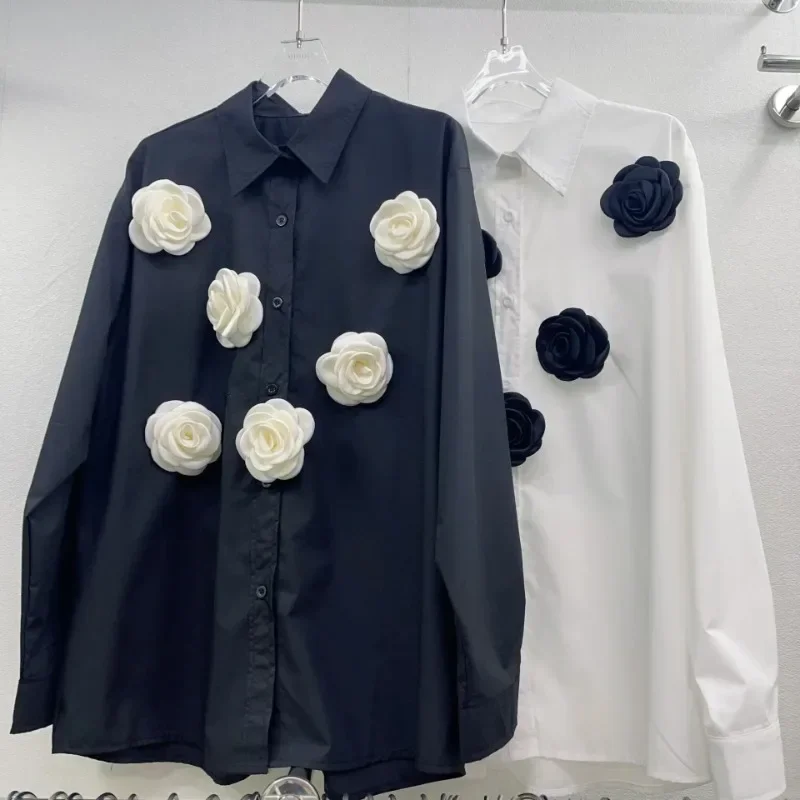 

Three-dimensional Flowers Design Blouse Single Breasted Long Sleeve Top Lapel Shirts Women 2024 Spring New Chic Blusas Mujer