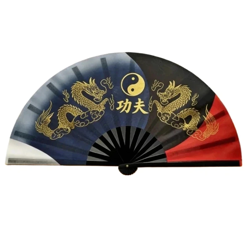 New Tai Chi Fan Ink Wash Hot Stamping Double Dragon Kung Fu Fan High End Bamboo Bone Adult Martial Arts Fitness Square Dance Fan