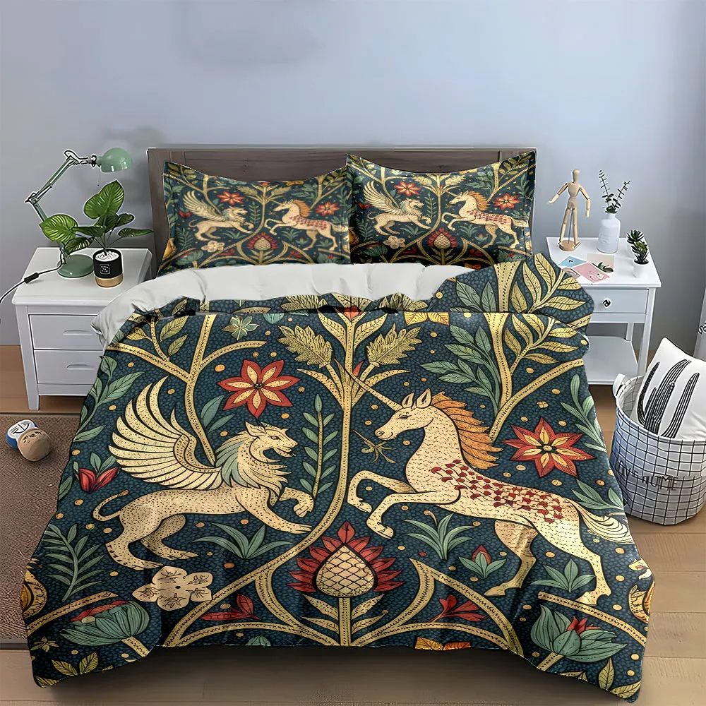 3Pcs Medieval Tapestry Bedding Set, Winged Lion and Unicorn Floral Print Duvet Cover + 2 Pillowcases, Vintage Fantasy Decor