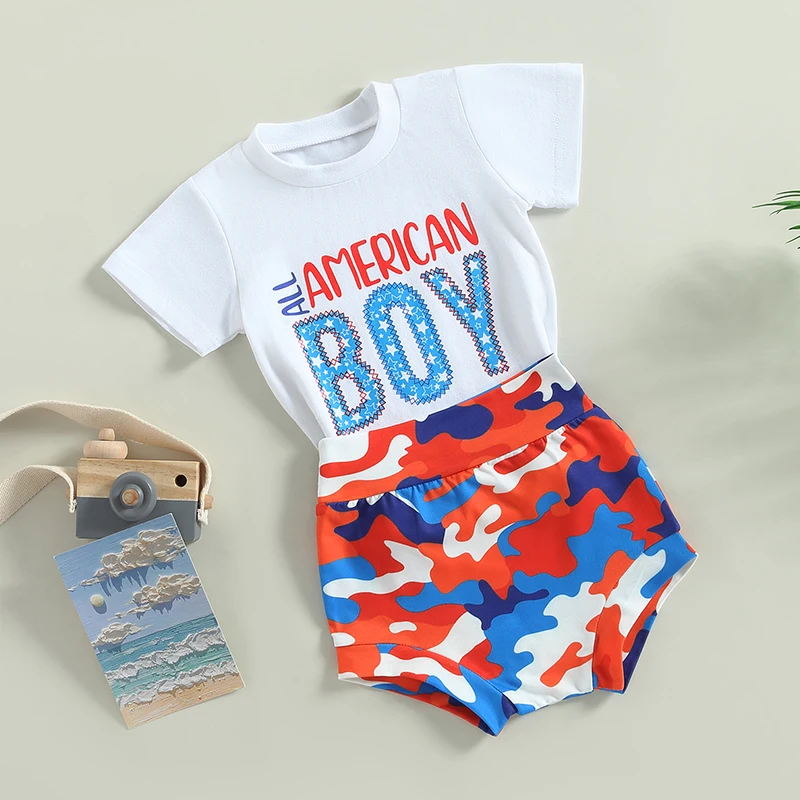 2023-03-01 Lioraitiin 0-3Years Kid Boy 2Pcs Clothes Independence Suit Short Sleeve Round Neck Letters Print Tops Short Pants