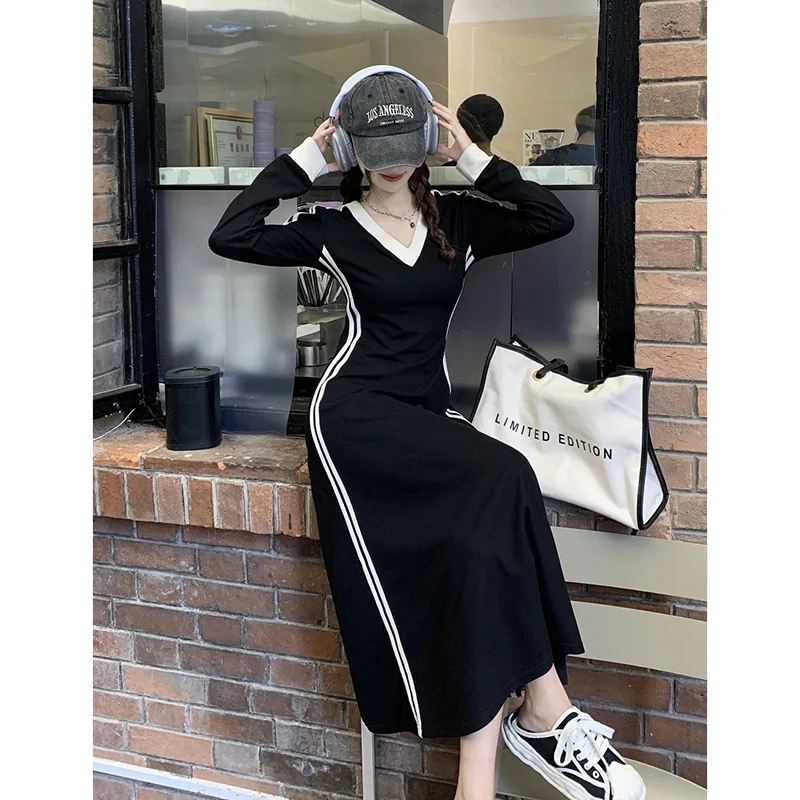 Plus Size M-5XL Casual Slim Long Sleeve Dresses Fashion Black Office Lady Womens Clothing Spring Korean Style Elegant Dress