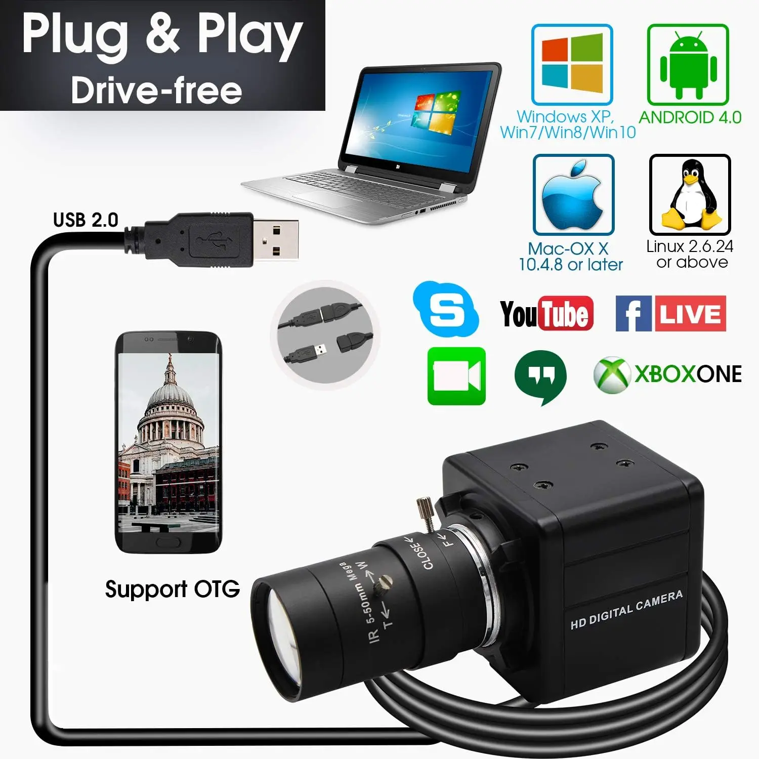 ELP kamera USB 260fps 120FPS 60fps, kamera kecepatan tinggi 1080P 60fps Zoom optik Webcam OV4689 UVC PC kamera dengan lensa 5-50mm