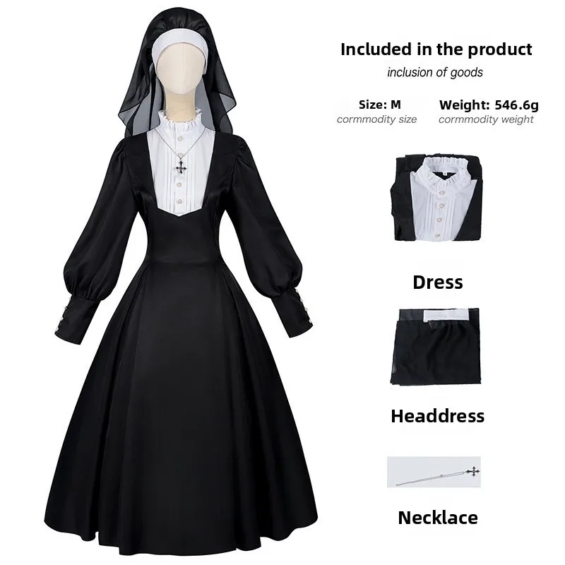 Damen Krankenschwester Nonne Kostüm mit Puffärmeln und weißer Schürze, Gothic Halloween Horror Party Cosplay Event Kirchen-Thema Outfit – Detail 12