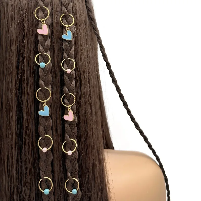 

10PCS Pink Blue Love Heart Braid Hair Rings Set Pearl Hair Cuffs for Braiding Accessories Sweet Easy Snap on For Daily Party