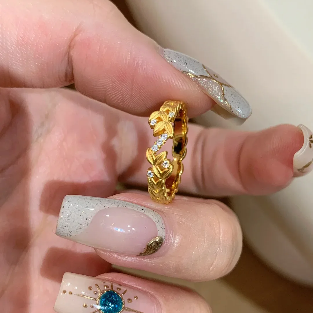 Golden Zircon Inlaid Laurel Goddess Ring, Simple Temperament, High-end Feeling, Exquisite Brushed Small Yellow Flower Jewelry