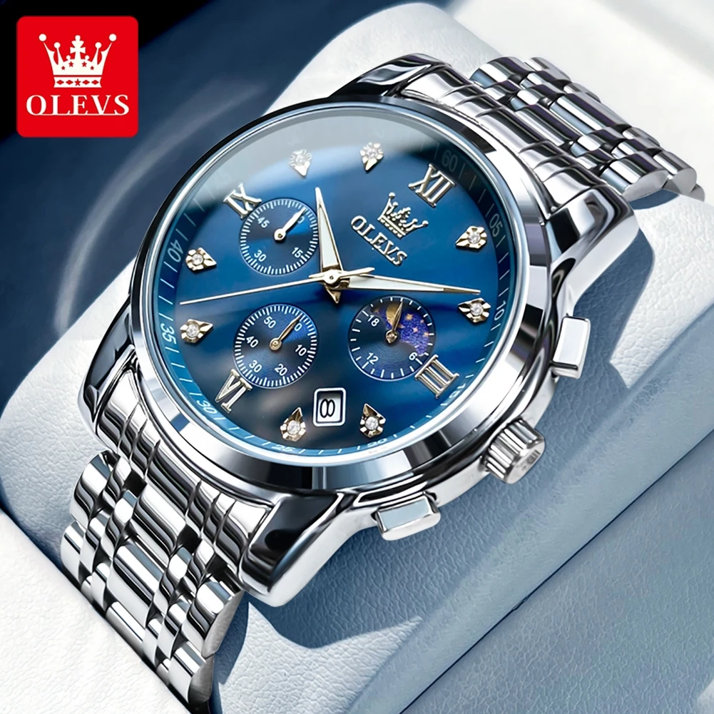 OLEVS Classic Men's Watches Flywheel Design Moon Phase Roman Scale Dial Wristwatch for Man